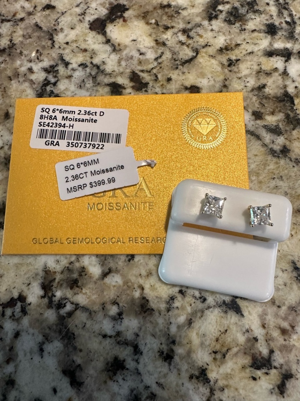 GRA Moissanite Square Stud Earrings 2.36ct D - Clear NWT